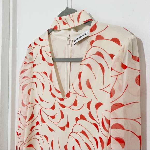 Self Portrait High Neck Printed Blouse Choker Detail Red/Ecru Size UK6/US 2 - Picture 5 of 14